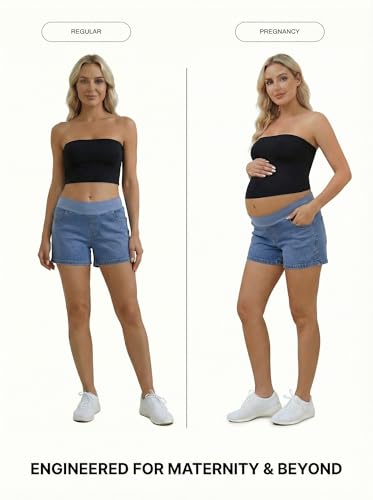 BLENCOT Maternity Jean Shorts Denim Pregnancy Classic Pockets Pregnancy - color: Myosotis, size: Medium