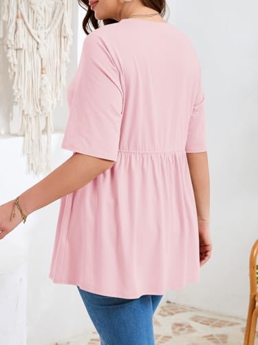 Beautife Womens Plus Size Babydoll Tops Summer Peplum Flowy Tunic Blouses - color: Pink, size: 3X-Large Plus