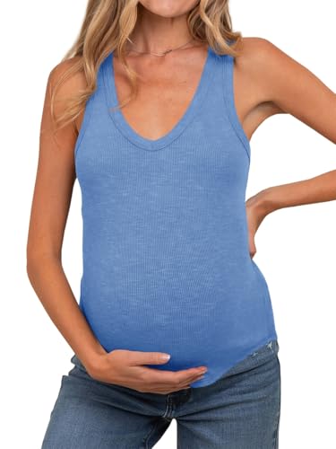 Tankaneo Womens Maternity Tank Tops Sleeveless V Neck Ribbed Knit Shirts - color: Blue, size: Medium