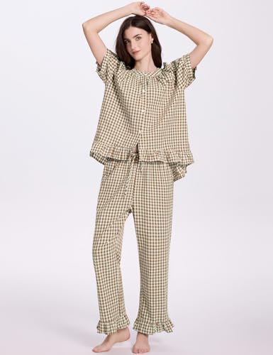 COZYPOIN 100% Cotton Pajamas for Women Set Cute Gingham Lounge Set - color: Brown, size: Small