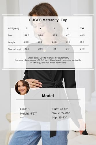 OUGES Women's Bow Tie Waist Maternity Shirts Long Sleeve Pregnancy Tops Crew Neck Fall Winter Elegant Business Blouse - color: Black, size: Large