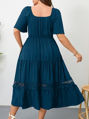 RWJ Women's Plus Size Maxi Dress Short Sleeve Wedding Guest Summer Dresses - color: Lake Blue, size: Large Plus