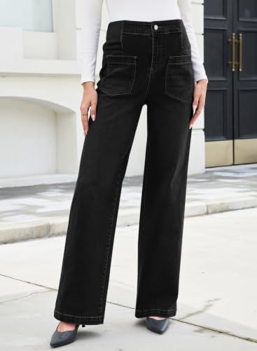 BLENCOT Maternity Jeans Wide Leg High Waist Denim Pants with Pockets - color: Black, size: Medium
