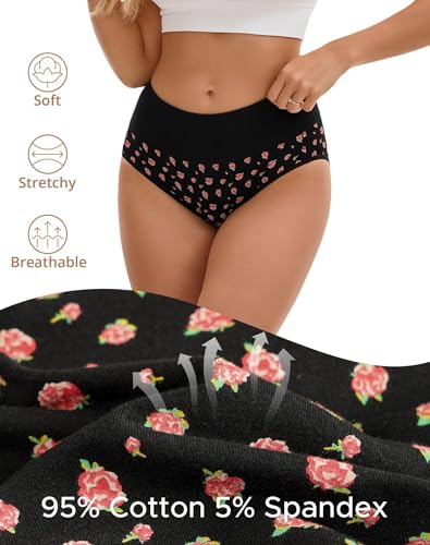 INNERSY Women's Underwear Cotton Hi-Waist Briefs 5-Pack - color: Black Rose, size: Small