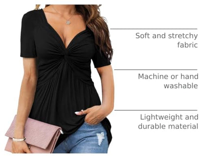 Tankaneo Womens Front Knotted V-Neck Blouse T Shirt Short Sleeve Oversized Tunic Tops Summer Solid Pullover Tees - color: B01-black, size: Large