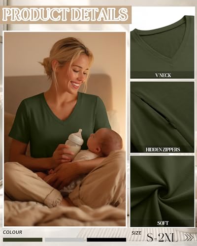 3 Pack Women's Nursing Tops Breastfeeding Shirts - color: Black, Light Heather Gray, Army Green, size: Small
