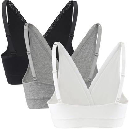 Wireless Cotton Nursing Bra for Sleep& Maternity, Pregnancy Breastfeeding Top, Adjustable Straps, Full Coverage - color: Black+grey+white/3pack, size: X-Large