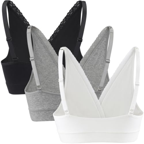 Wireless Cotton Nursing Bra for Sleep& Maternity, Pregnancy Breastfeeding Top, Adjustable Straps, Full Coverage - color: Black+grey+white/3pack, size: Large