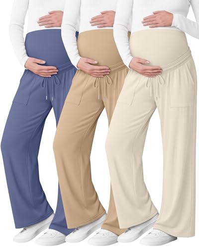 3 Pack Women's Maternity Casual Pants - color: Cream, Khaki, Haze Blue, size: Large