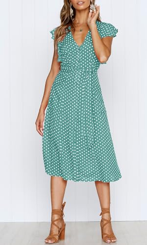 MITILLY Women's Boho Polka Dot Flutter Short Sleeve V Neck Button Down Swing Midi Dress with Pockets - color: 10 Sage, size: Small
