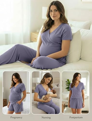 PATPAT 3-Piece Maternity Nursing Pajamas, Womens Lounge Set with Pockets - color: Mauve, size: X-Large