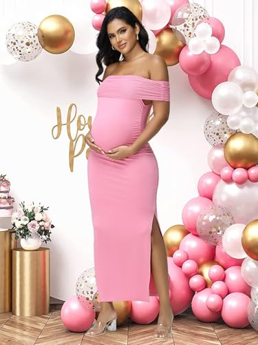 Women's Maternity Mesh Off Shoulder Party Long Dress Baby Shower - color: Pink, size: X-Large
