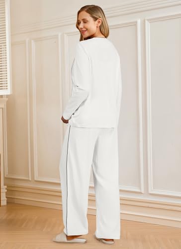 OUGES 100% Cotton Women's Maternity Nursing Pajamas Sets Button Down Breastfeeding Loungewear Top & Pants with Pockets - color: White, size: Small