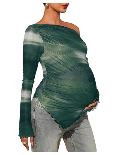 MakeMeChic Women's Maternity Clothes Fall Tie Dye Asymmetrical Blouse Tops - color: Green, size: X-Small
