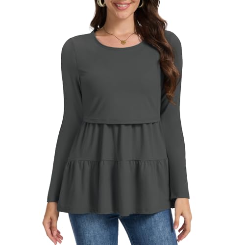 Bearsland Long Sleeve Nursing Top - color: Iron Gray & Pastel Purple & Purple Floral, size: Small