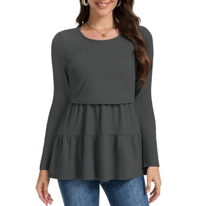 Bearsland Long Sleeve Nursing Top - color: Iron Gray & Pastel Purple & Purple Floral, size: Small