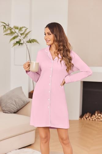 Ekouaer Womens Nightgown Long Sleeve Nightshirt Soft Button Down Sleepshirt - color: Misty Rose, size: Large