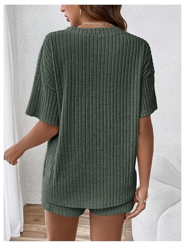 MakeMeChic Women's Maternity 2 Piece Sets Ribbed Shirt and Biker Shorts - color: Green a, size: Medium