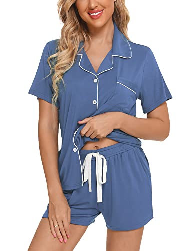 Anjue Womens Pajamas Set Short Sleeve Button Down Soft Pj Sets S-XXL - color: A.blue, size: Medium