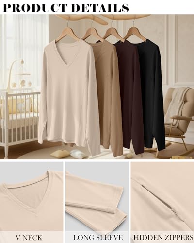4 Pack Women's Long Sleeve Nursing Maternity Shirts - color: Black, Brown, Khaki, Apricot, size: Large
