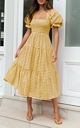 ZESICA Women's Summer Boho Gingham Puff Sleeve Square Neck Beach Midi Dress - color: Ginger, size: X-Small