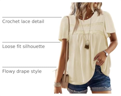 Falechay Womens Tops Boho Ribbed Flowy Stretchy Crochet Short Sleeve Shirts - color: Apricot, size: Large
