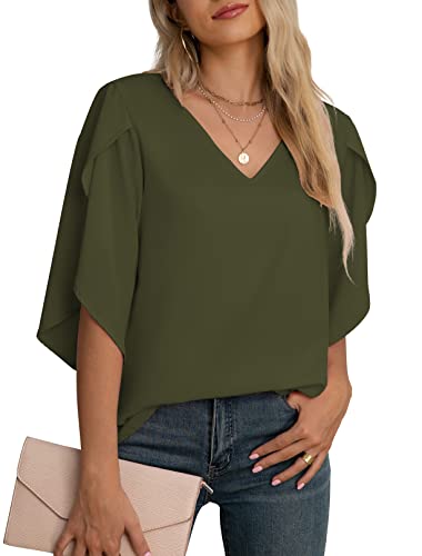 Jouica Women's 3/4 Ruffled Sleeve Blouses Summer Chiffon Casual Loose Tops - color: 01amy Green, size: Medium