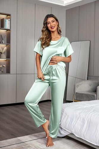 Ekouaer Pajamas for Women Set Silky Satin 2 Piece Lounge Sets with Pockets - color: Aqua Green, size: Medium