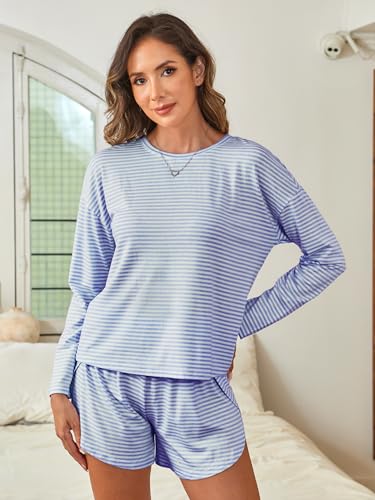 ANRABESS Womens Long Sleeve Striped Pajama 2 Piece Lounge Sets - color: Blue White, size: Medium