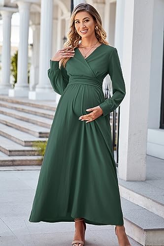 OUGES Women's Wrap Pregnancy Maxi V Neck Fall Baby Shower Maternity Dress - color: Dark Green, size: Large