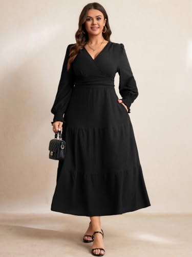 RWJ Women's Plus Size Fall Wedding Guest Dress Long Sleeve Maxi with Pocket - color: Black, size: Large Plus