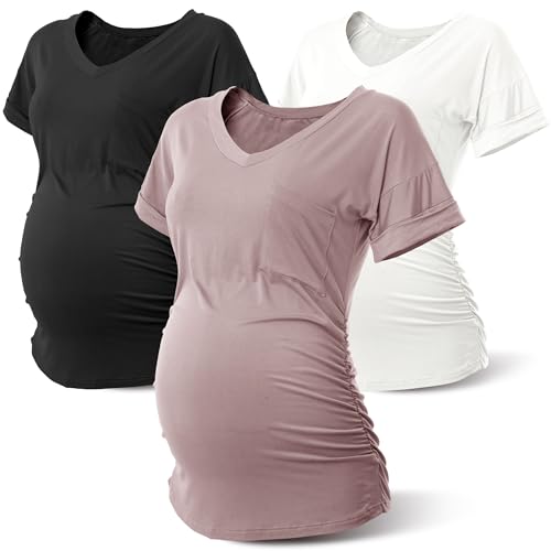 Rnxrbb 3 PCS Short Sleeve Maternity Shirts Summer Pregnancy Tops Clothes - color: Black&&light Purple&white, size: Medium