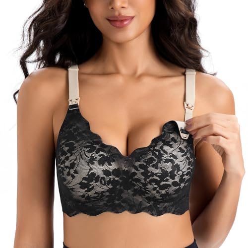 Lace Nursing Bras for Breastfeeding, Wireless Maternity Bra - color: Beige/Black, size: X-Large