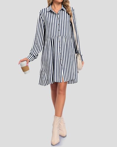 AUSELILY Women's Babydoll Dress Casual Long Sleeve Fall Tunic Dresses - color: Navy Blue Stripes, size: Medium