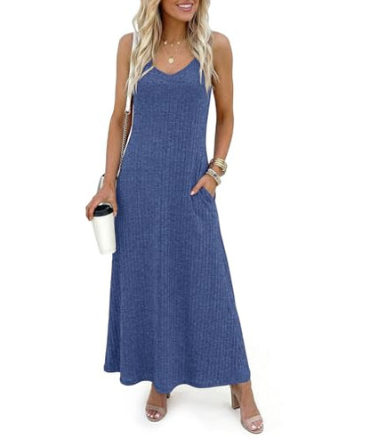 LILBETTER Women's Summer Maxi Dress Casual Flowy Spaghetti Strap Beach Long Dresses with Pockets - color: Blue, size: XX-Large