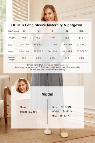 OUGES Cotton Blend Maternity Pajamas Nightgown Button Down Nursing Gown Labor Delivery Breastfeeding Dress with Pockets - color: Grey, size: Small