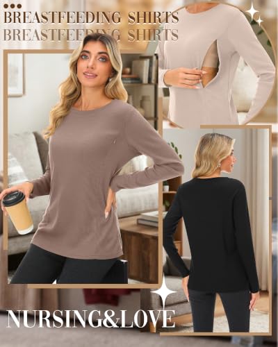 Neer 3 Pack Women's Nursing Hidden Zipper Long Sleeve Shirts - color: Cream, Coffee, Black, size: XX-Large