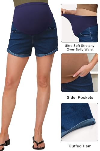 OUGES Womens Summer Maternity Denim Casual Pregnancy Shorts with Pockets - color: Dark Blue, size: Small