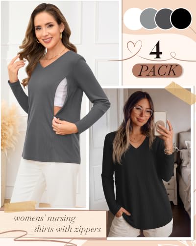 Locoowai 4 Pack Women's Nursing Shirts for Breastfeeding Tops - color: White, Gray, Dark Gray, Black, size: Medium