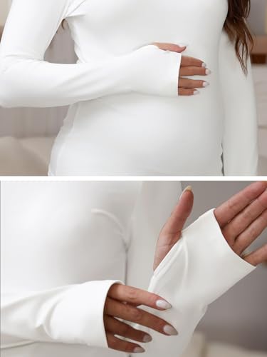 Women Maternity Stretchy Fitted Crew Neck Long Workout Tops - color: White, size: Small