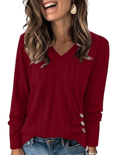 Sampeel V Neck Long Sleeve Shirts Button Side Sweaters Color Block Tops - color: Burgundy, size: Small