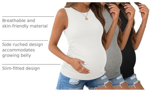 Ekouaer 3 Packs Maternity Tank Tops Crew Neck Ribbed Pregnancy Shirts - color: 3pcs Black/ White/ Grey, size: Medium