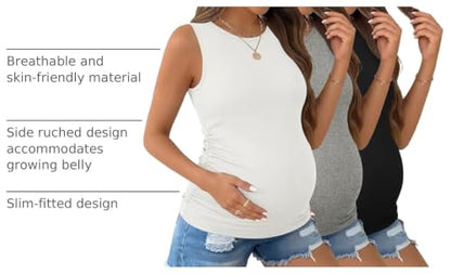 Ekouaer 3 Packs Maternity Tank Tops Crew Neck Ribbed Pregnancy Shirts - color: 3pcs Black/ White/ Grey, size: Medium