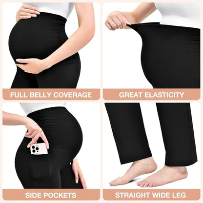 Leafigure Maternity Wide Leg Pants Over Belly with Pockets - color: Black, size: Medium