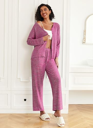 Ekouaer Womens Pajama Sets Button Up Long Sleeve Lounge Set Soft V Neck Pj - color: Rose Red, size: XX-Large