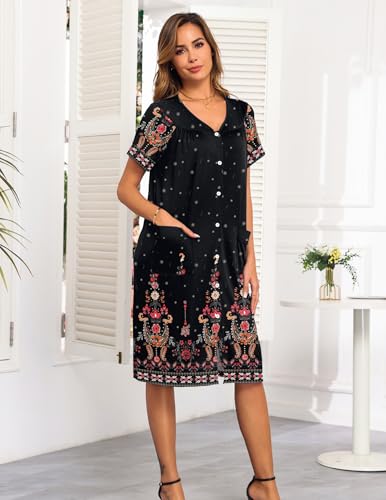 Ekouaer House Dress for Women with Pockets Button Down Nightgowns Moo Moos - color: Ethnic Black, size: Medium
