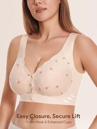 Wireless Front Close Bras for Women, Jelly Post Surgery Push Up Bralettes - color: Beige, size: Large