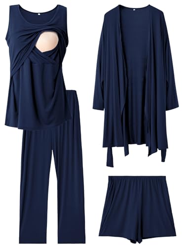 Rnxrbb 4PCS Year-Round Nursing Pajamas Robe Set Postpartum Breastfeeding Pj - color: Navy, size: Large