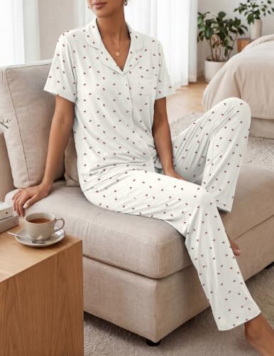 Womens Pajamas Sets 2 Piece Button Up Pj Sets Short Sleeve with Long Pant - color: Apricot Cherry, size: Small