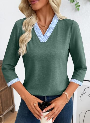 EVALESS Womens Tops Striped Colorblock V Neck 3/4 Sleeve Blouses Tunics - color: Green, size: Large